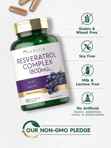 Carlyle Resveratrol Supplement 1800mg | 180 Capsules | Non-GMO & Gluten | Potent Complex