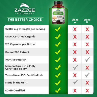 Zazzee USDA Organic Lion's Mane 20:1 Extract 30% Polysaccharides 16,000 mg Strength 120 Vegan Capsules Nootropic for Brain Health Focus Memory Concentration and Immune Support Made in The USA
