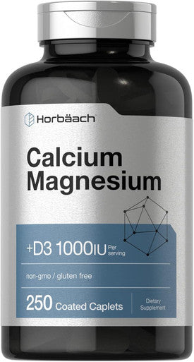 HorbAach Calcium Magnesium D3 Supplement 1000 Iu D3 250 Coated Caplets Non-Gmo & Gluten Free