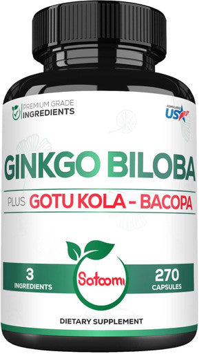 Satoomi 1520Mg Ginkgo Biloba Supplements With Gotu Kola Leaf Bacopa Monnieri - 270 Capsules - Extra Strength Support For Brain Health Memory Function Focus & Vision Quality - 3 Month Supply