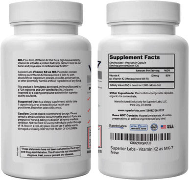 Superior Labs Vitamin K2 as MK7 Supplement Promotes Calcium Absorption Supports Bone Health and Healthy Arteries High Bioavailability 100mcg 120 Vegetable Capsules