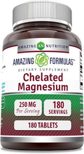 Amazing Nutrition Formulas Chelated Magnesium 250mg 180 Tablets Supplement | Non-GMO | Gluten | Made in USA