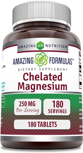 Amazing Nutrition Formulas Chelated Magnesium 250mg 180 Tablets Supplement | Non-GMO | Gluten | Made in USA
