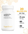 Supersmart Lactobacillus Plantarum PostBiotic 20 Billion CFU Per Day Ultimate Probiotics for Digestive Health Flora Immune Support Supplement NonGMO Gluten Free 60 Vegetarian Capsules