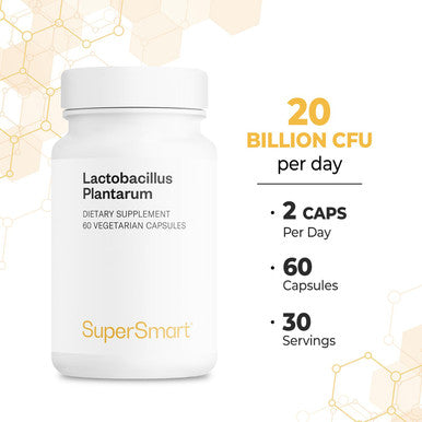 Supersmart Lactobacillus Plantarum PostBiotic 20 Billion CFU Per Day Ultimate Probiotics for Digestive Health Flora Immune Support Supplement NonGMO Gluten Free 60 Vegetarian Capsules