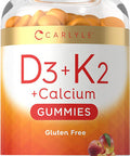 D3, K2, & Calcium Gummies | 120 Count | Vegetarian, Non-GMO, and Gluten Free Vitamin Supplement | by Carlyle