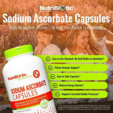 Nutribiotic - Sodium Ascorbate Buffered Vitamin C Capsules 250 Ct Vegan Non-Acidic & Easier On Digestion Than Ascorbic Acid Essential Immune Support & Antioxidant Supplement Gluten & Gmo