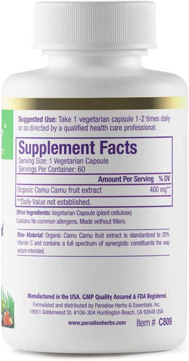 Paradise Herbs Camu Camu | Nature's C Plant Based Superfood | Active Whole Spectrum Extract | Vegan | NON-GMO | Gluten | 60 Vegetarian Capsules