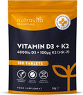 Vitamin D3 4000 Iu & Vitamin K2 100 g (Mk7) 180 Vegetarian Tablets 6 Month Supply - High Strength Vitamin D Supplement For Bones, Muscles & Immune System Nutravita