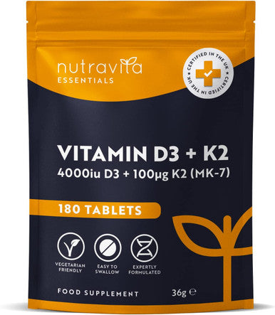 Vitamin D3 4000 Iu & Vitamin K2 100 g (Mk7) 180 Vegetarian Tablets 6 Month Supply - High Strength Vitamin D Supplement For Bones, Muscles & Immune System Nutravita