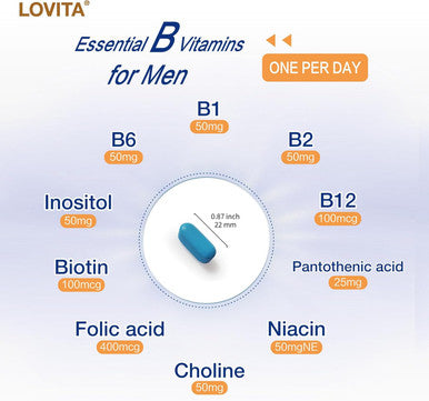 Lovita Timed-Release B Complex For Men 8-Hour Energy & Nutrient Metabolism Support With 10 Vitamin Bs, Vegetarian Tablets (60 Count)