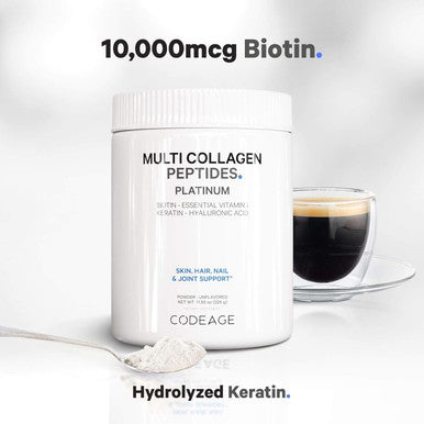 Codeage Multi Collagen for Women & Men Biotin 10000mcg Keratin Protein Powder Vitamin C B6 D3 Hyaluronic Acid Niacin - Hydrolyzed Collagen Coffee Creamer 5 Types - Unflavored - Non-GMO - 11.5oz