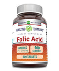 Amazing Formulas Folic Acid (Vitamin B9) 400 Mcg Supplement | 500 Tablets | Non-Gmo | Gluten Free | Made In Usa
