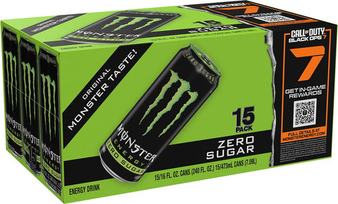 Monster Energy Zero Sugar, Green, Original, Low Calorie Energy Drink, 16 Ounce (Pack of 15)