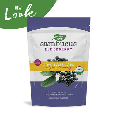 Natures Way Sambucus Organic Zinc Lozenges, Elderberry and Zinc Lozenges with Vitamin C, Certified Organic, Berry Flavored, 24 Lozenges