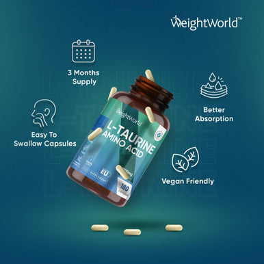 Weightworld L Taurine 1000mg Capsules - 180 High Strength Taurine Capsules (3 Months Supply) - Vegan Amino Acid Taurine Supplement for Overall Health - Pre-Workout Supplement for Men & Women