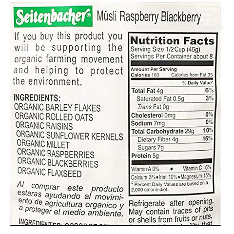 Seitenbacher Muesli Organic Oat, Barley, Raspberry and Blackberry Muesli, Wheat Free, 3 Pack 13.2-Ounce Bags, made in Germany
