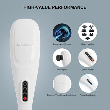Megawise Cordless Handheld Back Massager W/Rechargeable 3200Mah Battery, 5 Speed And 5 +2 Massage Nodes With Hard, Medium And 2 Soft Silicone Nodes Massage While Moving Around (Pearl White)