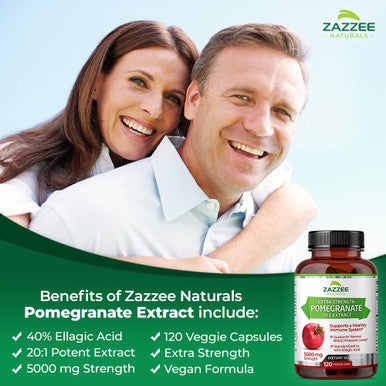 Zazzee Extra Strength Pomegranate 20:1 Extract, 5000 Mg Strength, 40% Ellagic Acid, 120 Vegan Capsules, 4 Month Supply, Standardi
