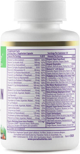 Paradise Herbs Earth's BlendAÃƒâ€šÃ‚Â® Organic Superfood Multivitaman with Iron | Antioxidants, Probiotics, Adaptogens, Vitamins A, B, C, D, K2 | Orac Energy Greens + Minerals + Herbs | 30 Vegetarian Capsules