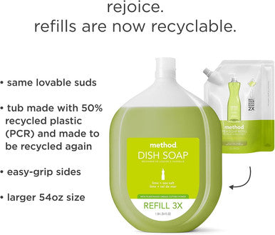 Method Dish Soap Refill Lime + Sea Salt Recylable Bottle Biodegradable Formula Tough on Grease 54 Fl Oz (Pack of 1)