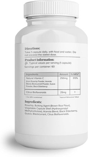 Hey Nutrition Natural Vitamin C 250mg Complex from Rosehip Acerola Blackcurrant Guava and Elderberry - Immune Function Stress Metabolic Health & Fatigue - Non-GMO 60 Vegan Capsules