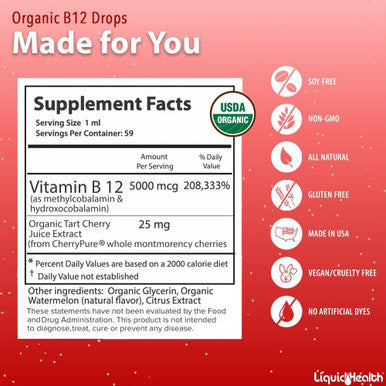 Liquidhealth Organic Methyl Vitamin B12 Methylcobalamin Liquid Drops with Tart Cherry Juice - Boost Energy Support Immune System Improve Memory & Concentration - Vegan Sugar Non-GMO (2 oz)