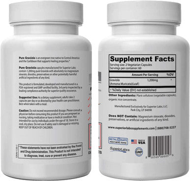 Superior Labs Pure Natural Graviola NonGMO 1200mg 120 Vegetable Caps Natural Dietary Soursop Supplement Healthy Skin Helps Promotes Cell Growth Respiratory System Balanced Mood