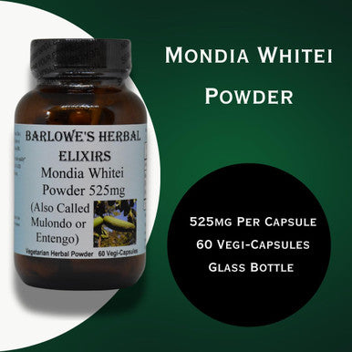Barlowe's Herbal Elixirs Mondia Whitei Herbal Powder 525mg Per Capsule 60 Vegan Capsules Glass Bottle Stearate Free Additive Free