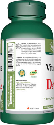 VORST Vitamin D3 1000IU + Vitamin K2 120mcg 120 Vegan Capsules | Super Supplement for Healthy Bones & Teeth | 1 Bottle