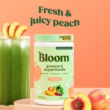 Bloom Nutrition Superfood Greens Powder Digestive Enzymes with Probiotics and Prebiotics Gut Health Bloating Relief for Women Chlorella Green Juice Mix with Beet Root Powder 25 SVG Peach
