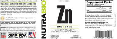 Nutrabio Zinc Chelate Mineral Supplement - for Proper Growth Development and Immune Health - 30mg of Zinc per Vegetarian Capsules - 120 Servings