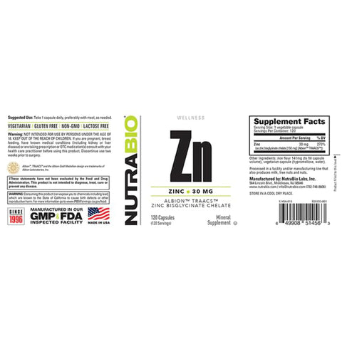 Nutrabio Zinc Chelate Mineral Supplement - For Proper Growth Development And Immune Health - 30Mg Of Zinc Per Vegetarian Capsules 120 Servings