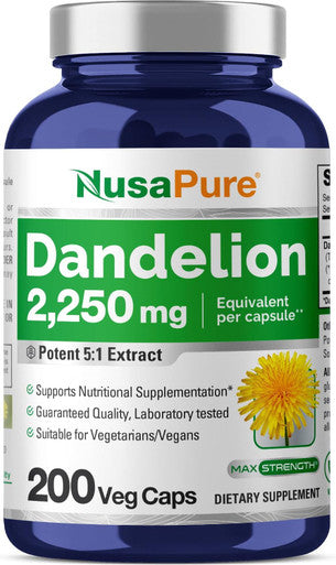 Nusapure Dandelion Root Extract 2250Mg 200 Veggie Capsules (Non-Gmo)
