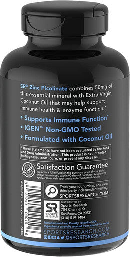 Zinc Picolinate 50mg with Organic Coconut Oil Highly Absorbable Zinc Supplement for Healthy Immune Function NonGMO Verified Gluten Soy 60 Liquid Soft gels