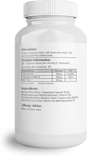 Hey Nutrition Vitamin D3 & K2 MK-7-100ug Each with MCT Oil - Suitable for Vegetarians - Support Healthy Bones Teeth Muscles Immune Function and Fatigue - Non-GMO 60 Vegetarian Capsules