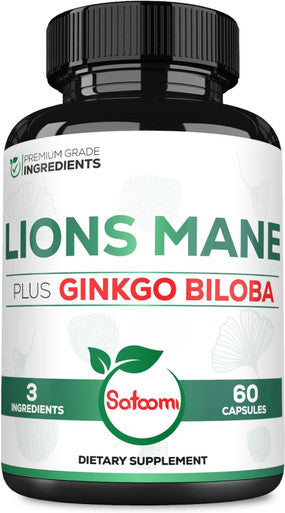 Satoomi Lions Mane With Ginkgo Biloba Supplement - 60 Capsules - Extra Strength For Restful Mind Brain Health Immune System & Focus - Gluten-Free Non-Gmo
