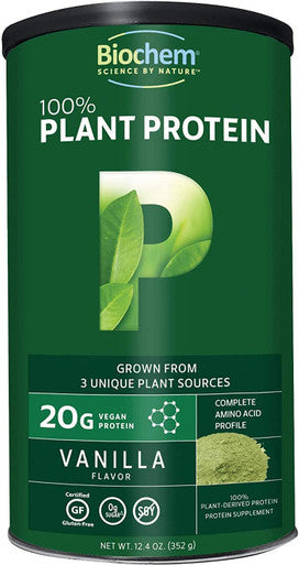 Biochem 100 Plant Protein Vanilla 12.4 oz 20g Vegan Protein Complete Amino Acid Profile KetoFriendly Calcium Iron NonGMO Meal Replacement No Added Sugar