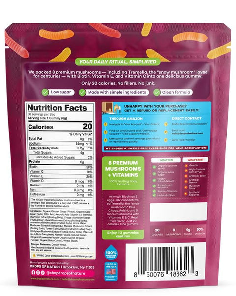 Drops Of Nature Mushroom Beauty Biotin Gummies Tremella Lions Mane Vit C Vit E 11-In-1 Mushroom Superfood Blend Vegan Hair Skin And Nails For Women (Mixed Fruits 30 Gummies)