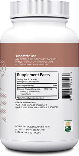 Nui Nutra Organic Ceylon Cinnamon Supplement | 1200mg | 120 Capsules | Cardiovascular Support | Joint & Immune System Support | Gluten Free and Non GMO