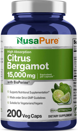 Nusapure Citrus Bergamot Capsules 15000Mg 200 Capsules - 25:1 Bergamot Extract - 200 Servings Bioperine Vegan Non-Gmo