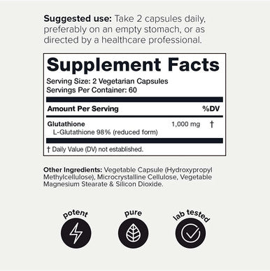 Ultra High Strength Glutathione Capsules - 1000mg Concentrated Formula - 98%+ Highly Purified and Highly Bioavailable - Non-GMO Fermentation - 120 Capsules Reduced Glutathione Supplement