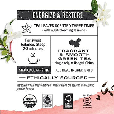 Numi Organic Jasmine Green Tea 18 Tea Bags (Pack of 3) Floral Green Tea Caffeinated (Packaging May Vary)