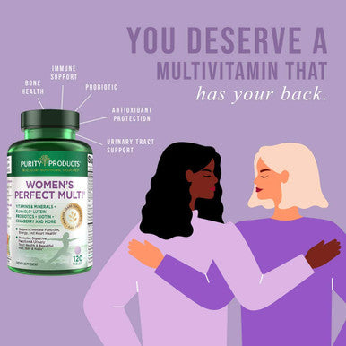 Womens Perfect Multi by Purity Products Balanced Multivitamin Supports Urinary Tract Health Immune Bone Muscle Hair Skin Nails an Elite Probiotic for Digestive Health More 120 Tablets