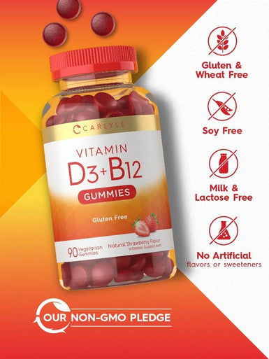 Carlyle Vitamin D3 + B12 Complex Gummies | 90 Count | Vegetarian Non-GMO and Gluten Formula | Strawberry Flavor Supplement