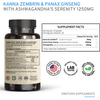 Vinatura Ashwagandha Korean Ginseng Kanna Zembrin - 1250Mg Per Serv *Brain Health, Stress Relief Support* Sceletium Tortuosum Pan