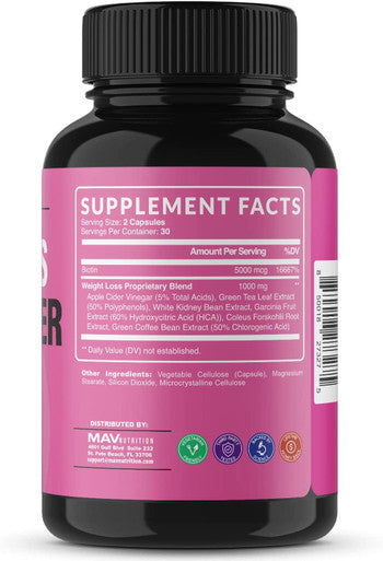 Biotin Fat Burners for Women Supports Weight Loss Appetite Suppressant Diet Pills with Apple Cider Vinegar Green Tea Extract Gluten Free NonGMO Vegetarian Friendly 60 Count