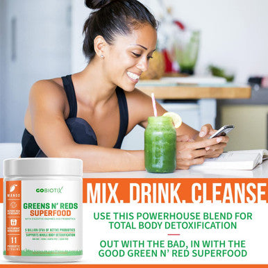 GoBiotix Super Greens Powder N Super Reds Powder NonGMO Vegan Red and Green Superfood Probiotics Enzymes Organic Whole Foods Fruit and Veggie Supplement Mango 30 Servings