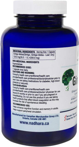Nadhara Ginkgo Biloba 120mg Capsules, promotes healthy blood flow to the brain while also acting as an antioxidant. Helps Enhance Cognitive Function and Memory, 100 Capsules