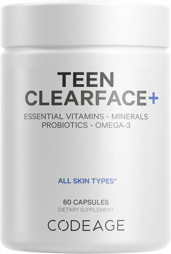 Codeage Teen Clearface Adolescent Face, Skin & Pimples, Vitamins A, C, D3, E, Pantothenic Acid, Niacin, Zinc Supplement Teenagers, Probiotics, L-Lysine, Omega-3, Oily Skin, Pores, Spots - 60 Capsules